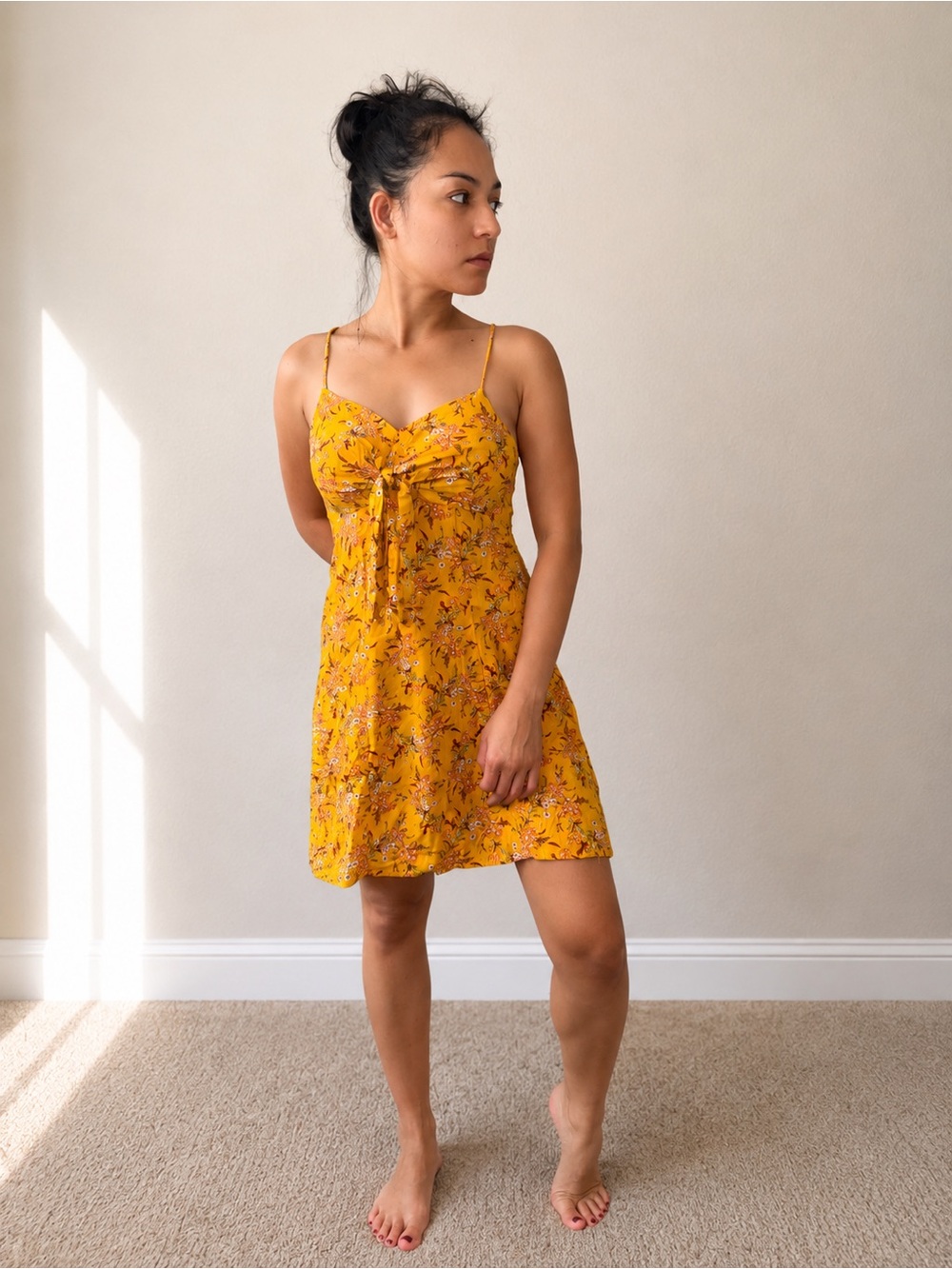 Xhilaration Yellow Floral Tie-Front Spaghetti Strap Mini Dress
